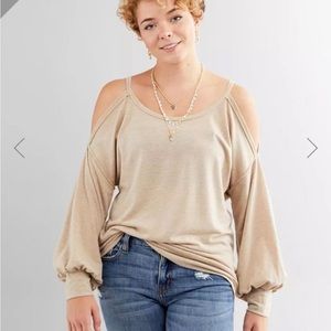 BKE Tan Cold Shoulder Long Sleeve Top